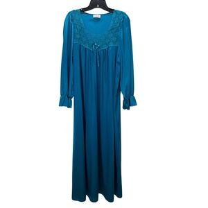 Vtg Vanity Fair Turquoise Nylon Lace Bodice Long Nightgown L Made in USA